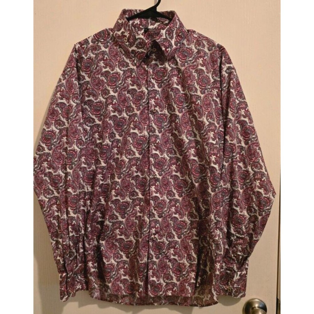 Jared Lang Shirt Mens XL White & Red Cotton Paisley Long Sleeve Regular Fit